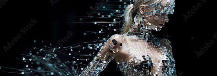 Hübsche sexy Frau als Hologramm mit abstrakten Cyberspace Hintergrund in Querformat als Banner, ai generativ